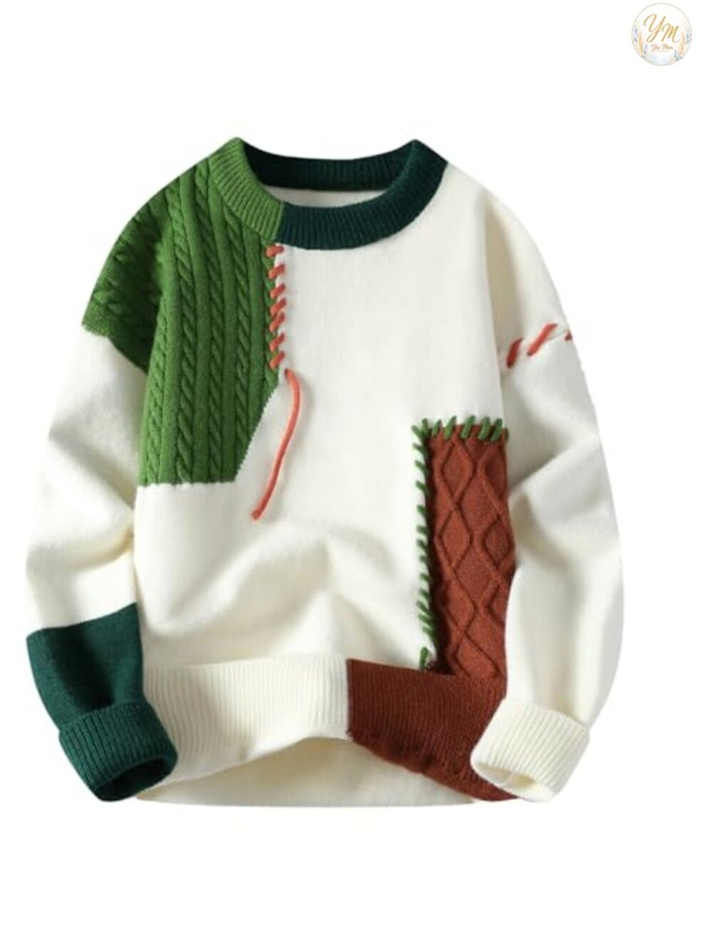 Oversized Color Block Cable Knit Pullover Sweater Men's Crew Neck